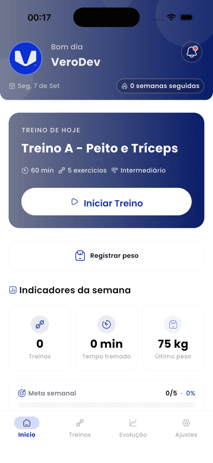Treino do dia no aplicativo VeroFit