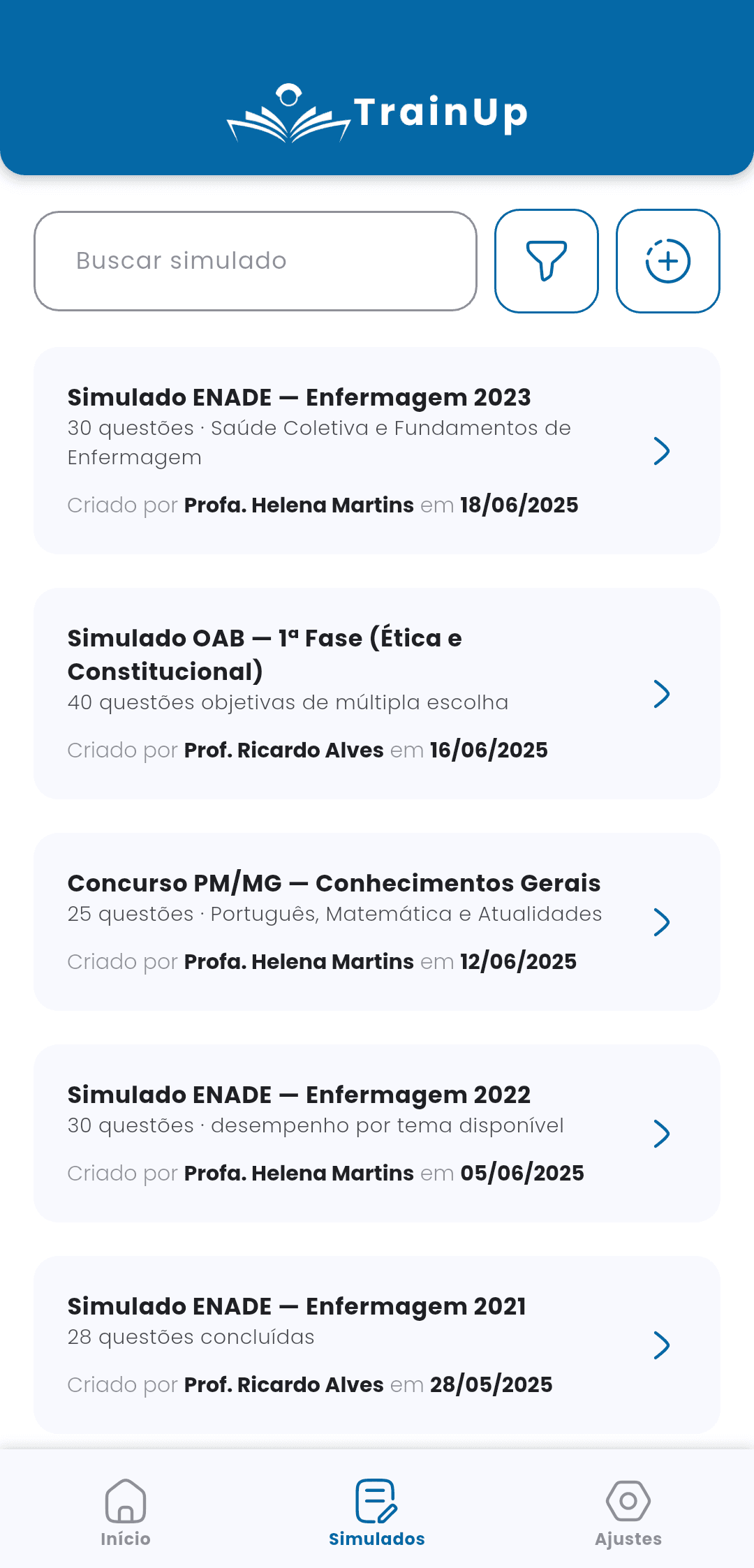 Lista de simulados no TrainUp